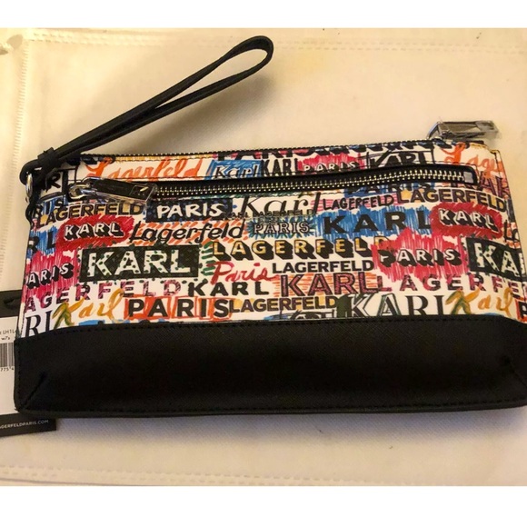 Karl Lagerfeld Faux Leather White,Black & Rainbow Scribble Wristlet NWT - Picture 4 of 10